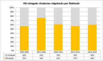 <p>Andel HD-röntgande av antal svenskfödda rhodesian ridgebacks fördelat per hundarnas födelseår. Uppdaterad 2021-03-29.</p>
